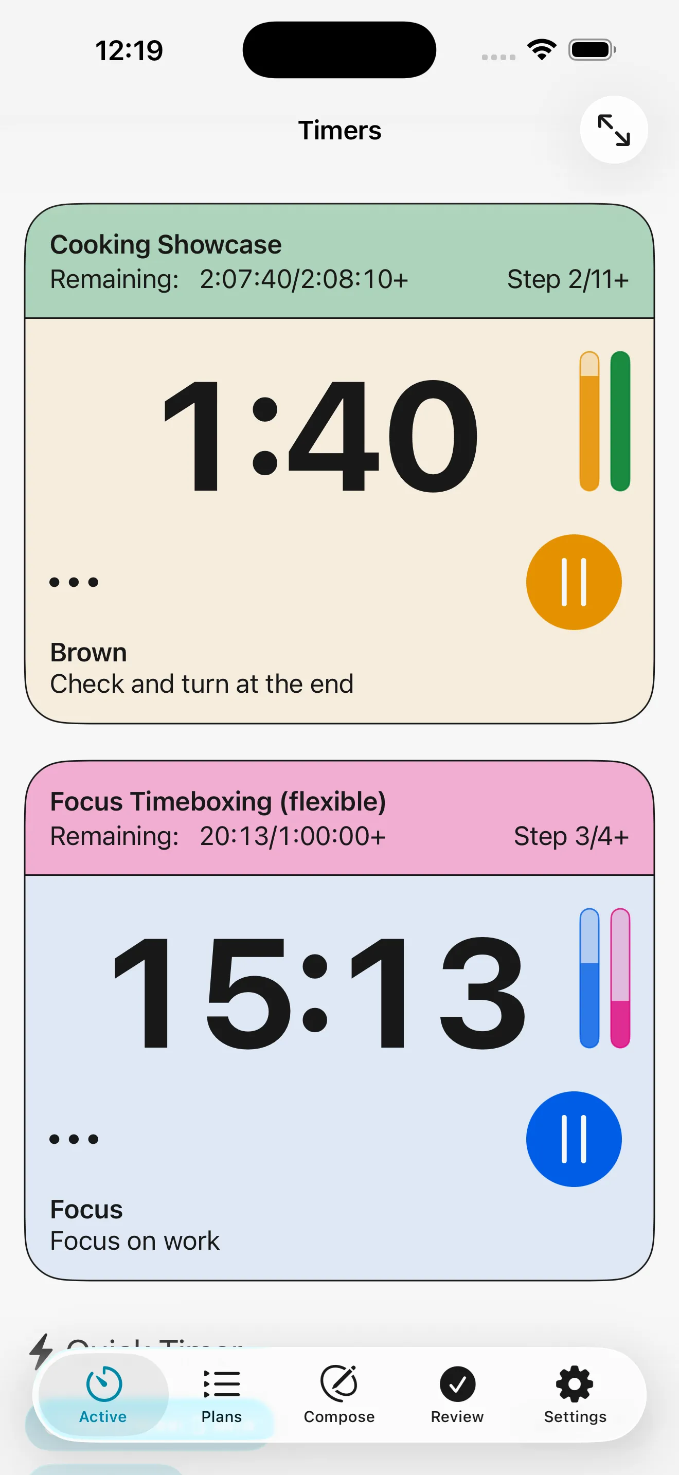 A screenshot of Adhoro showing two running timers
