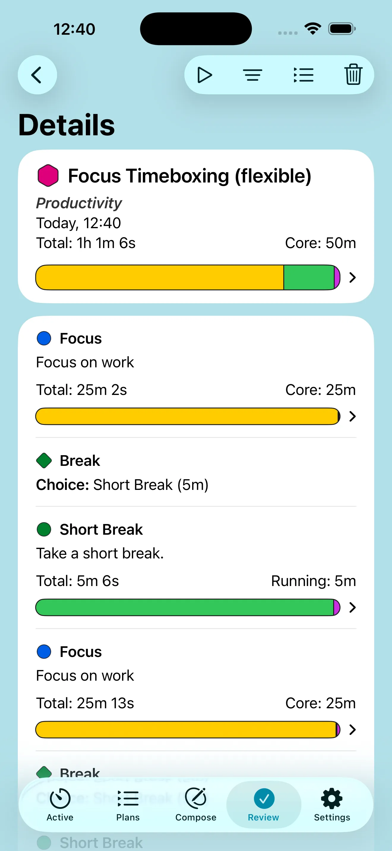 A screenshot of Adhoro showing the review of a completed timer